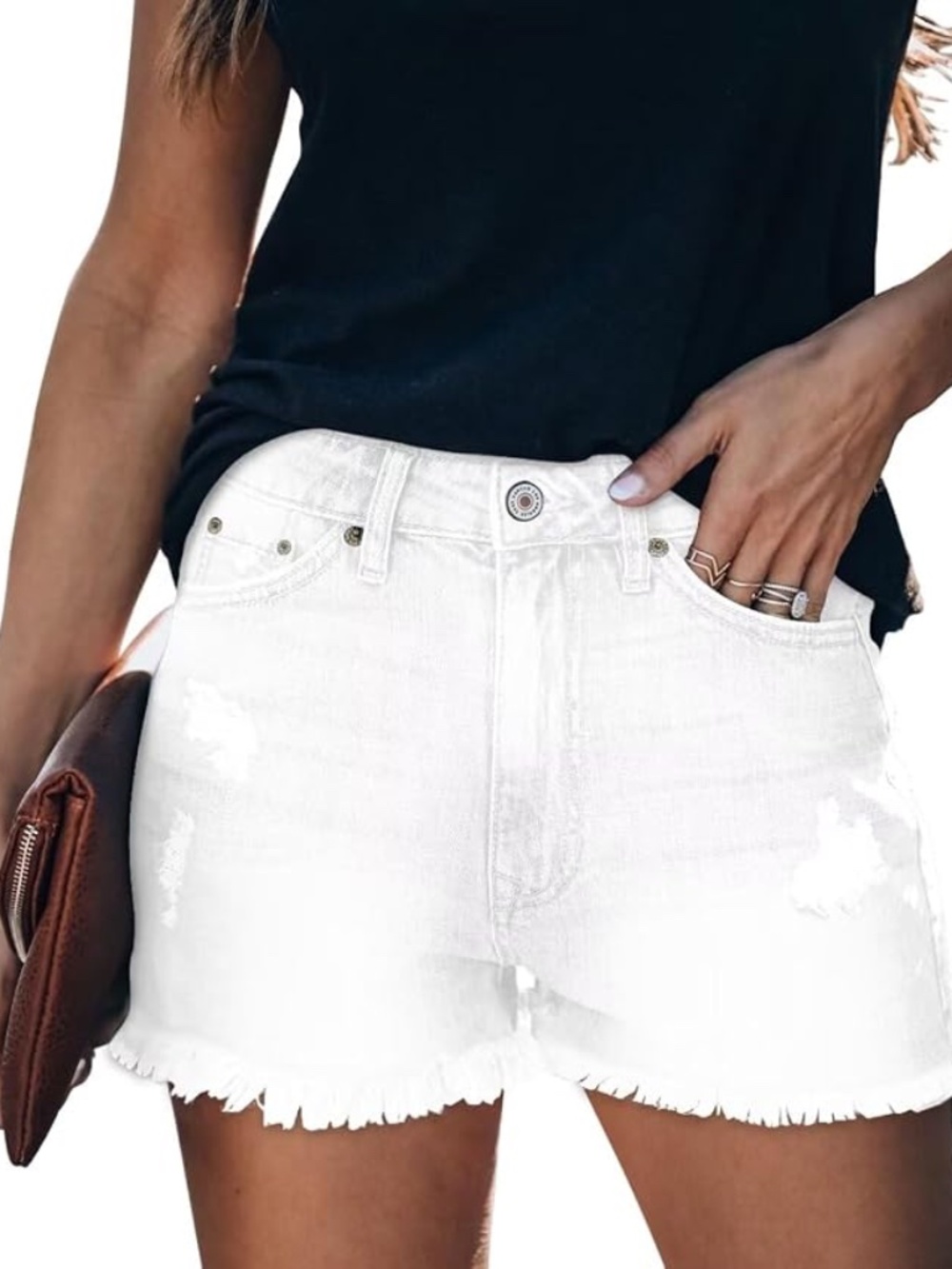 ZOLUCKY Jean Shorts Mid Rise Denim Stretchy Ripped with Pocket white Large